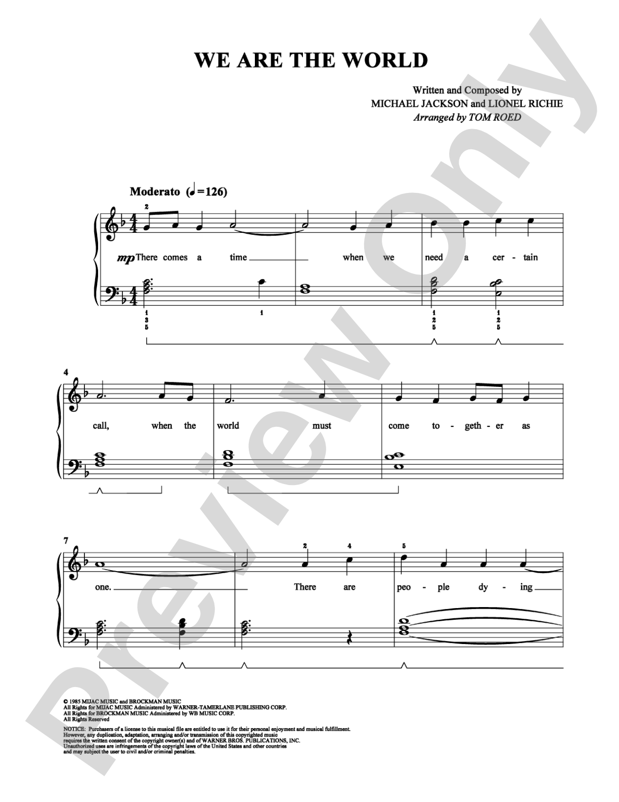 We Are the World: Easy Piano Digital Sheet Music