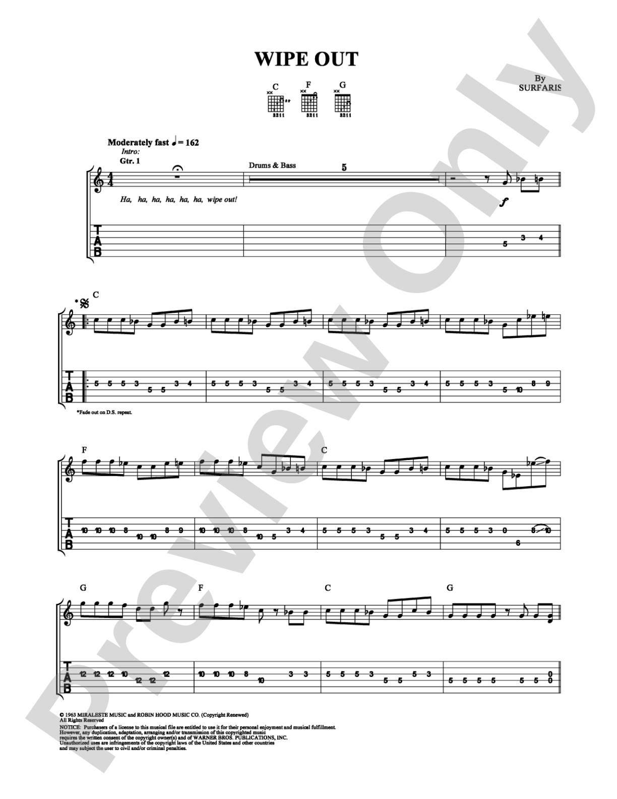 Wipe Out: Guitar TAB Digital Sheet Music