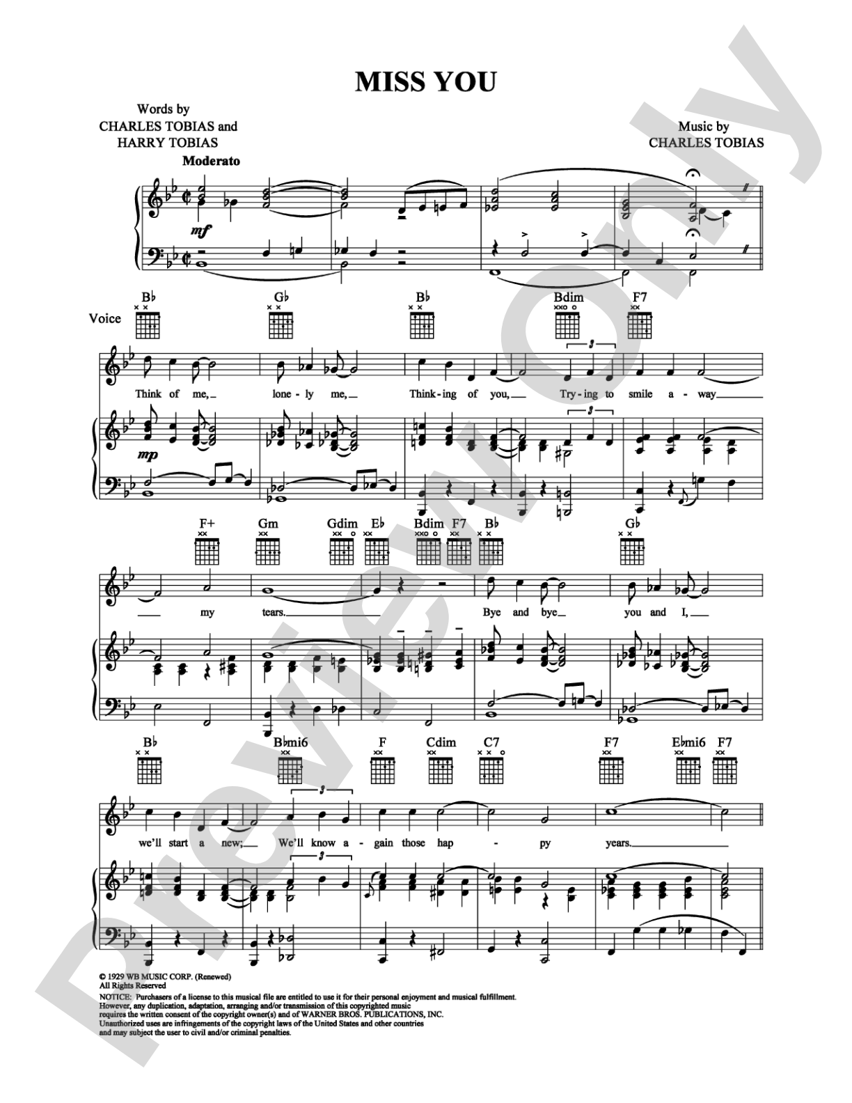 Miss You: Piano/Vocal/Chords Digital Sheet Music