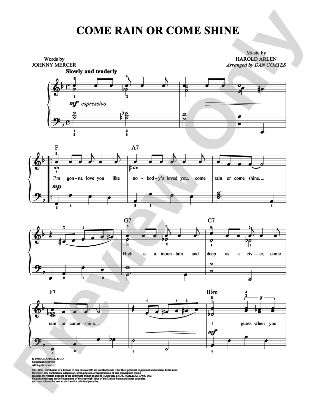 Come Rain or Come Shine: Easy Piano Digital Sheet Music