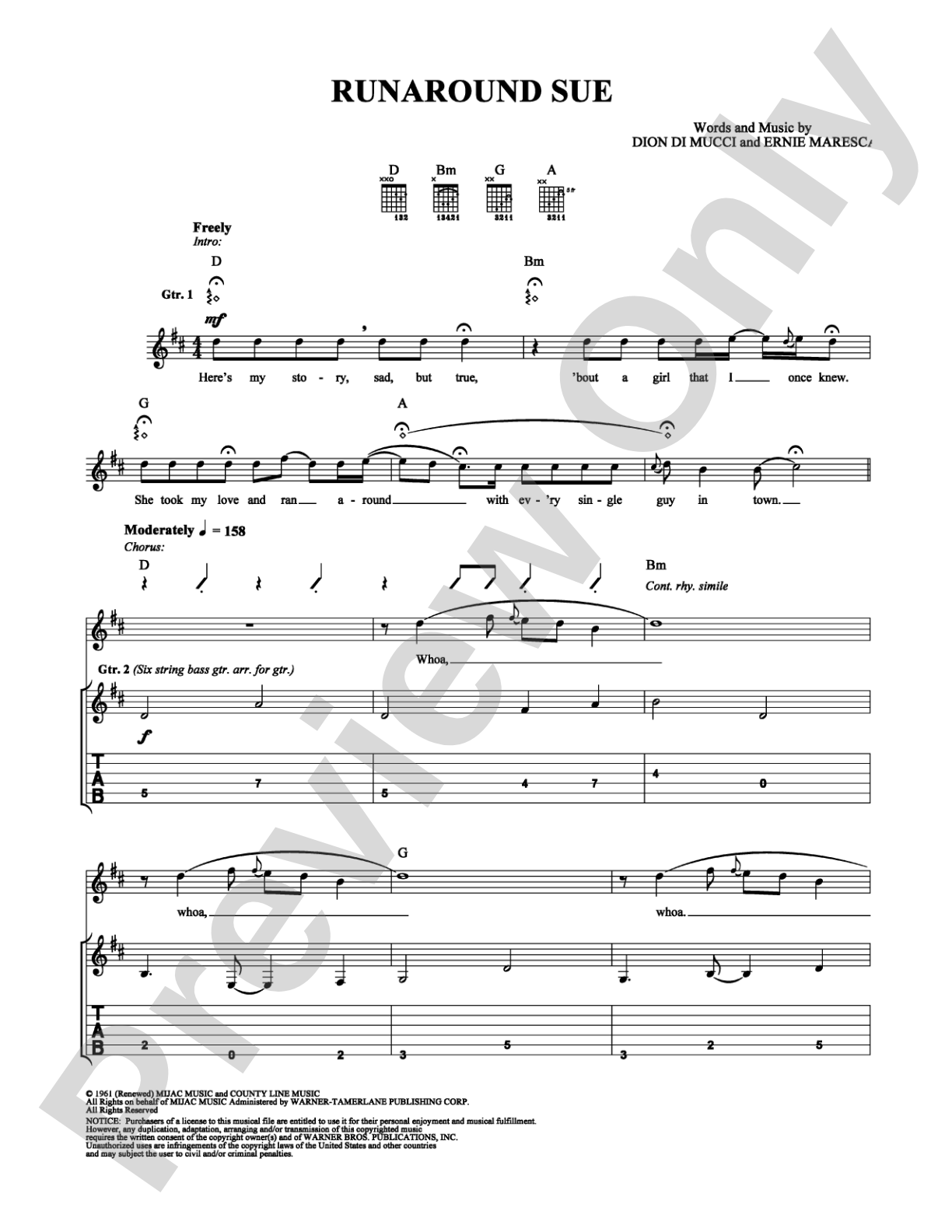 Runaround Sue: Guitar TAB Digital Sheet Music