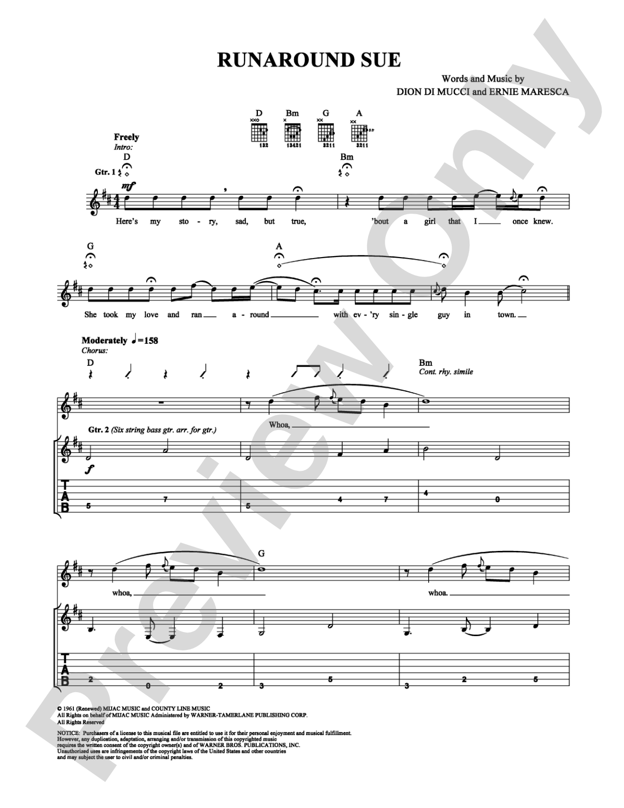Runaround Sue: Easy Guitar Digital Sheet Music