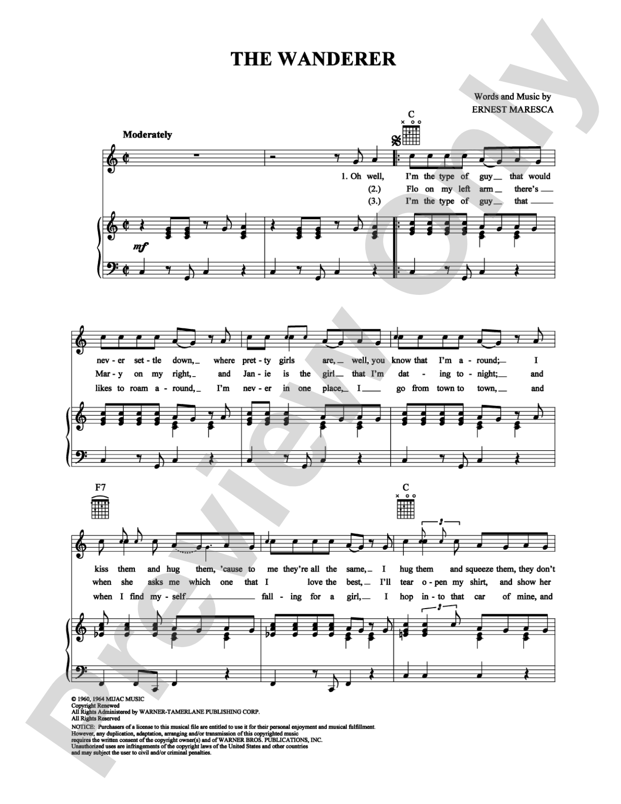 The Wanderer: Piano/Vocal/Chords Digital Sheet Music