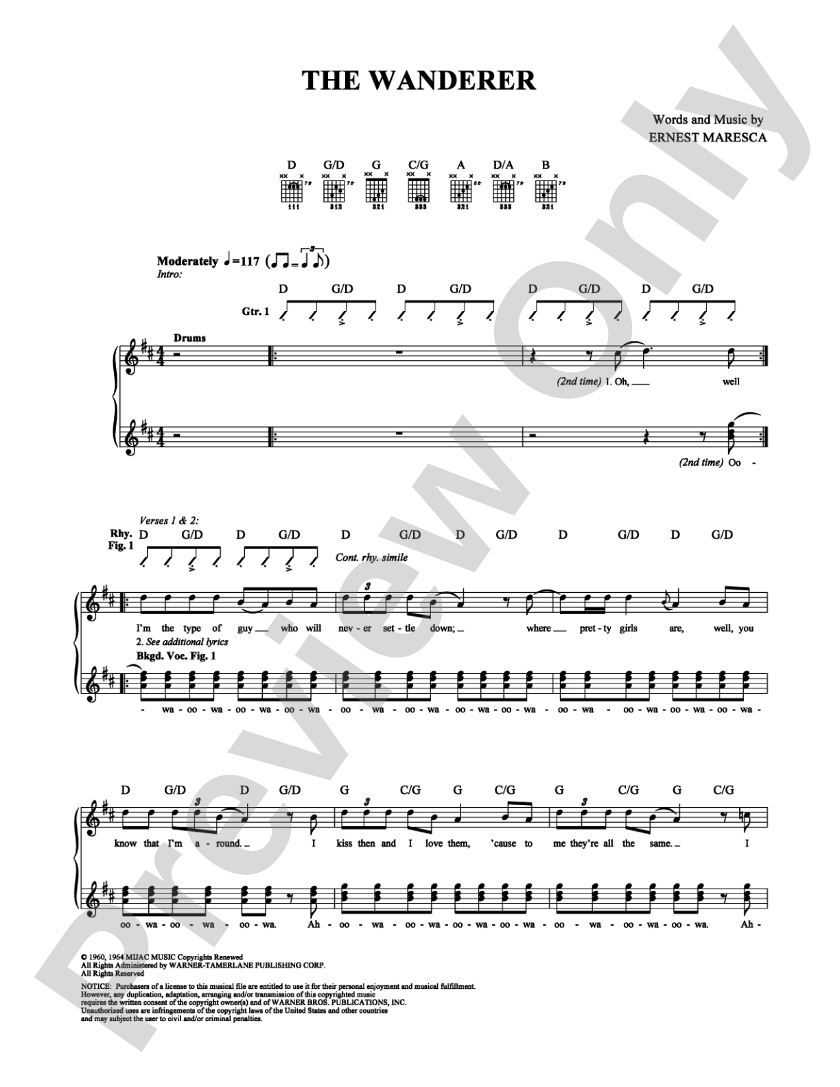 The Wanderer: Easy Guitar Digital Sheet Music
