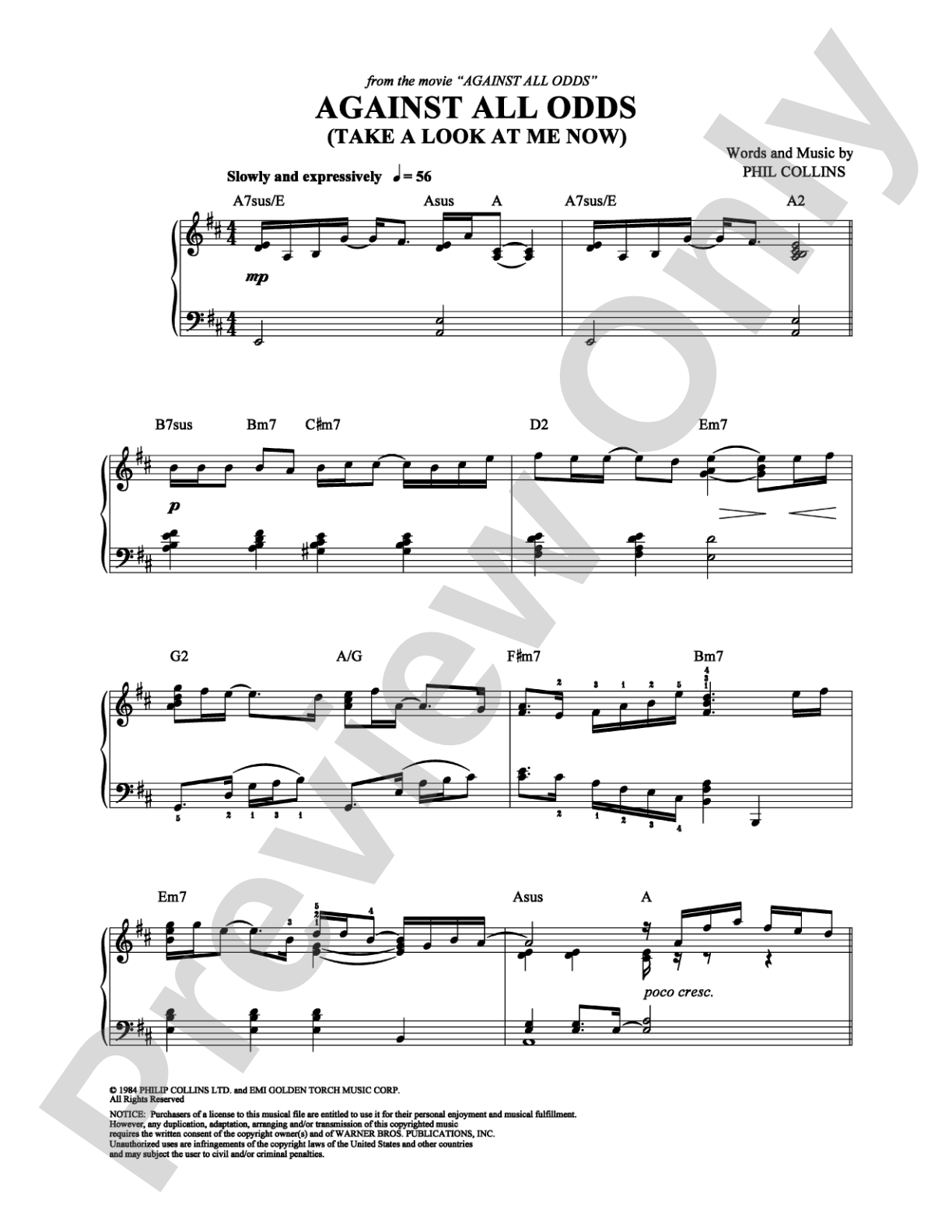 Against All Odds: Piano Digital Sheet Music
