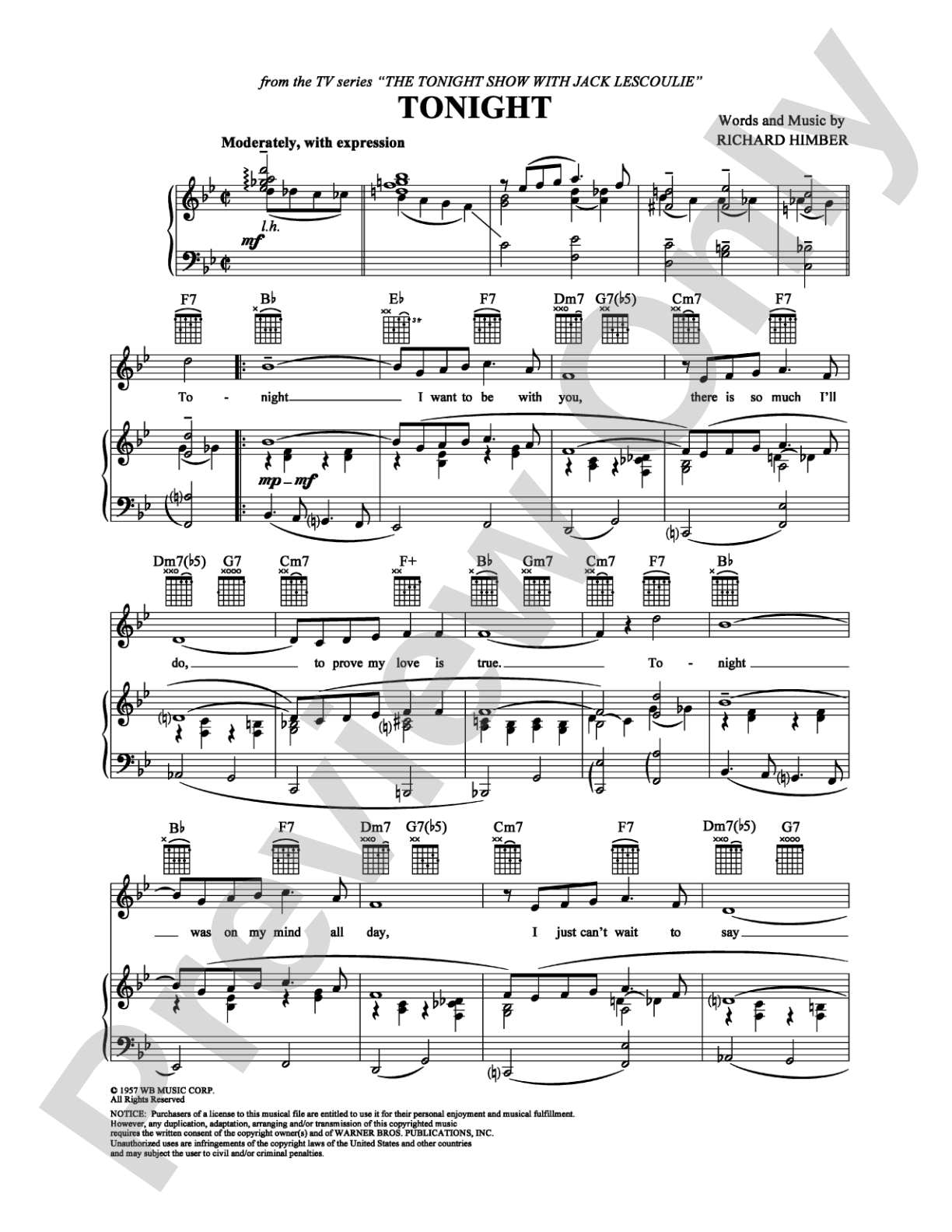 Tonight: Piano/Vocal/Chords Digital Sheet Music