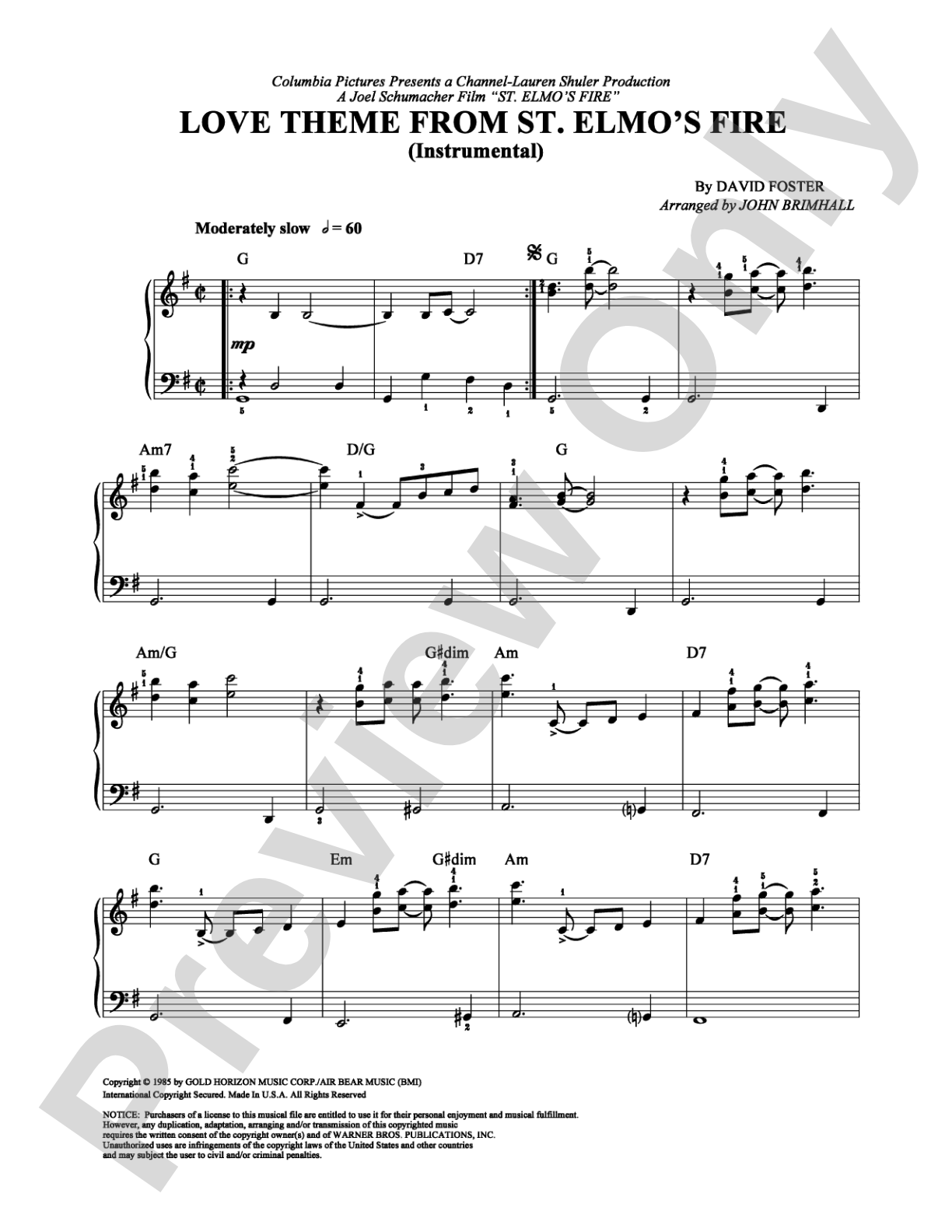Love Theme from St. Elmo's Fire: Easy Piano Digital Sheet Music