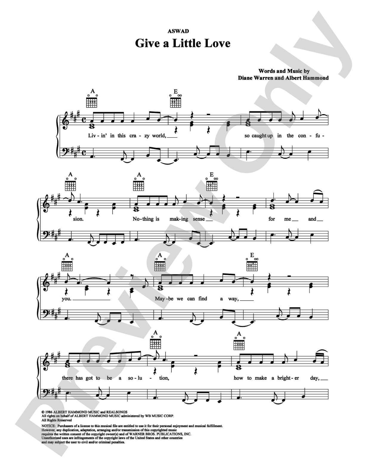 Give A Little Love: Piano/Vocal/Chords Digital Sheet Music