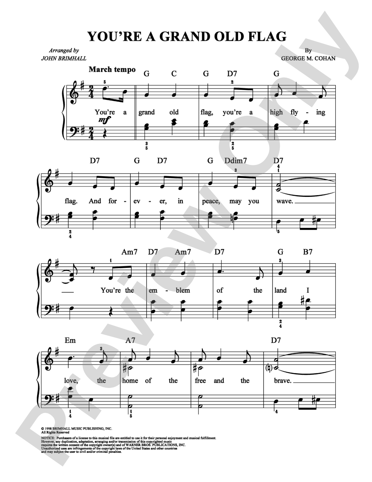 You're a Grand Old Flag: Easy Piano Digital Sheet Music