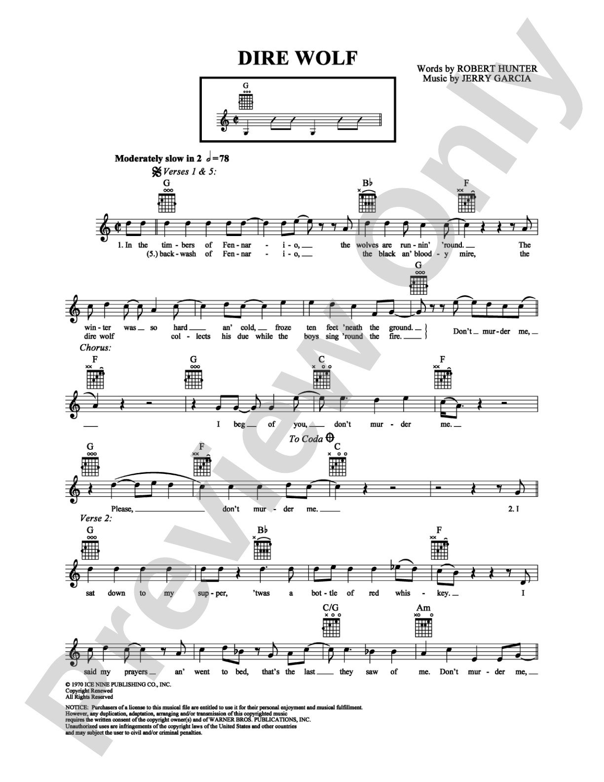 Dire Wolf: Easy Guitar Digital Sheet Music