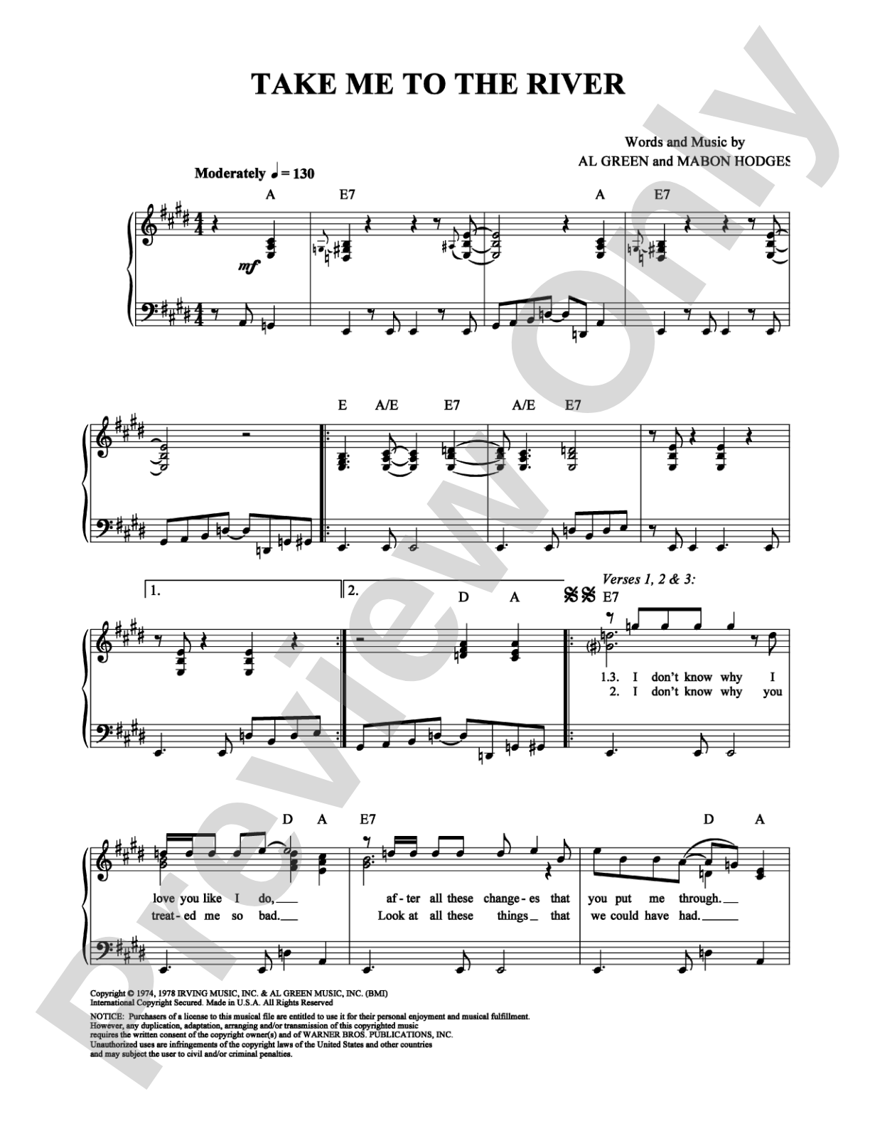 Take Me To the River: Piano/Vocal/Chords Digital Sheet Music