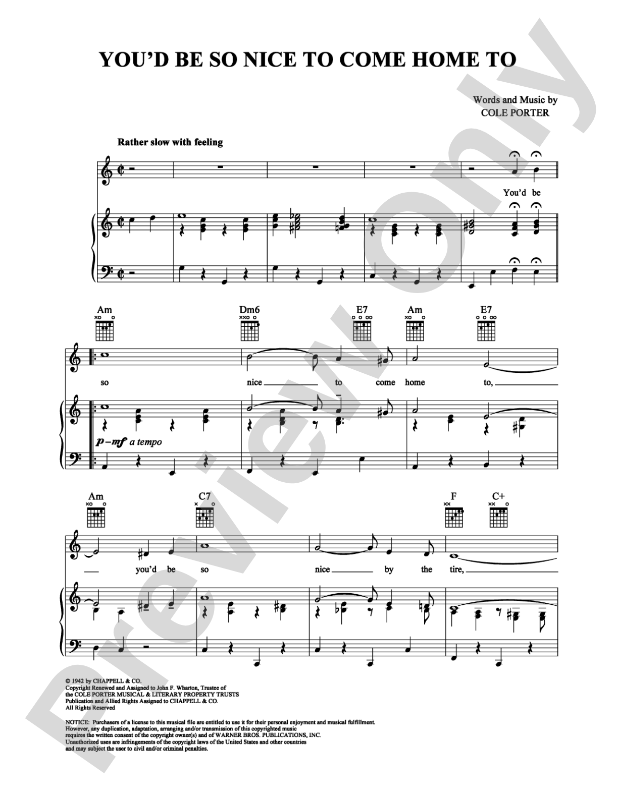 You'd Be So Nice to Come Home To: Piano/Vocal/Chords Digital Sheet Music