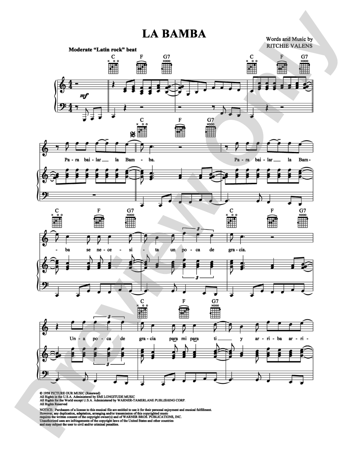 La Bamba: Piano/Vocal/Chords Digital Sheet Music