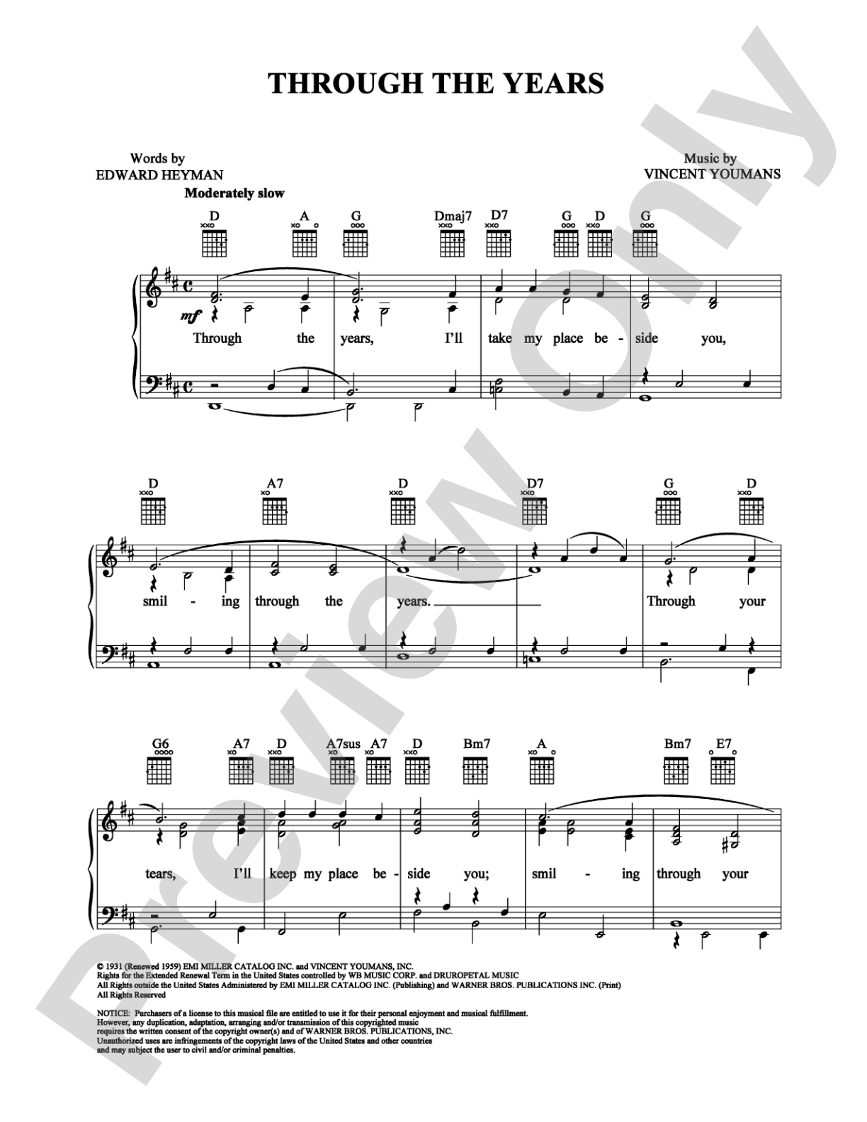 Through The Years: Piano/Vocal/Chords Digital Sheet Music