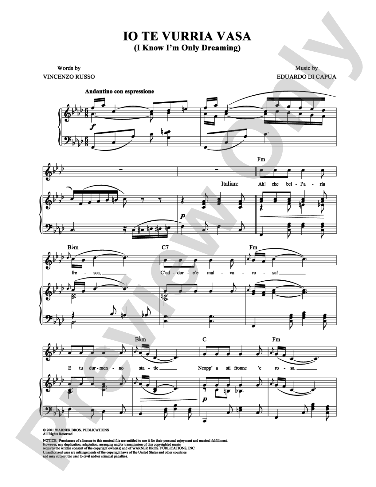 Io Te Vurria Vasa: Piano/Vocal/Chords Digital Sheet Music