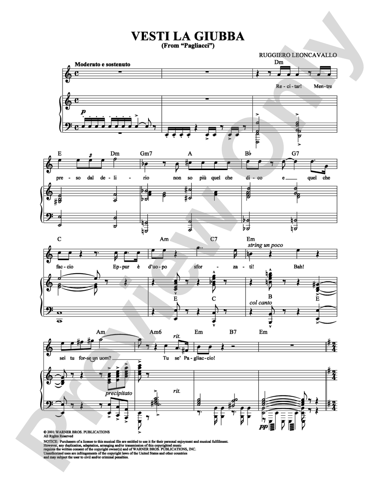 Vesti La Giubba: Piano/Vocal/Chords Digital Sheet Music