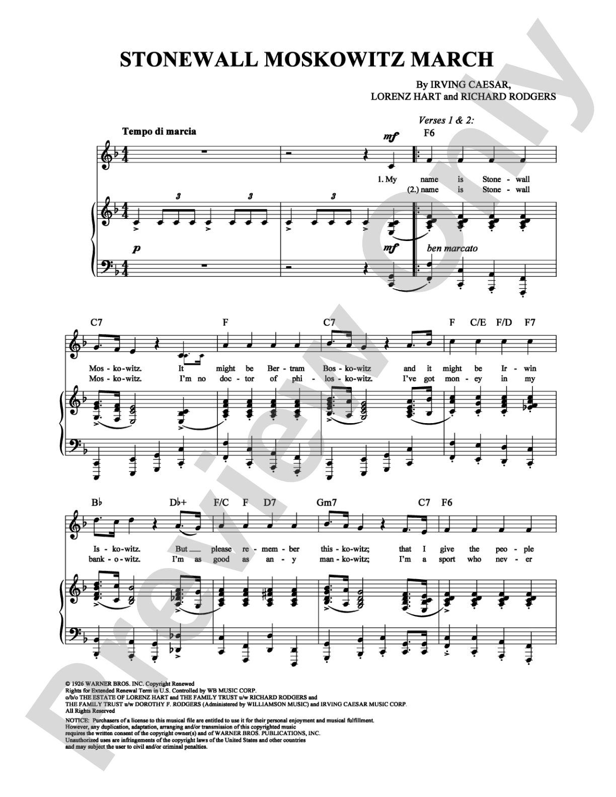 Stonewall Moskowitz March: Piano/Vocal/Chords Digital Sheet Music
