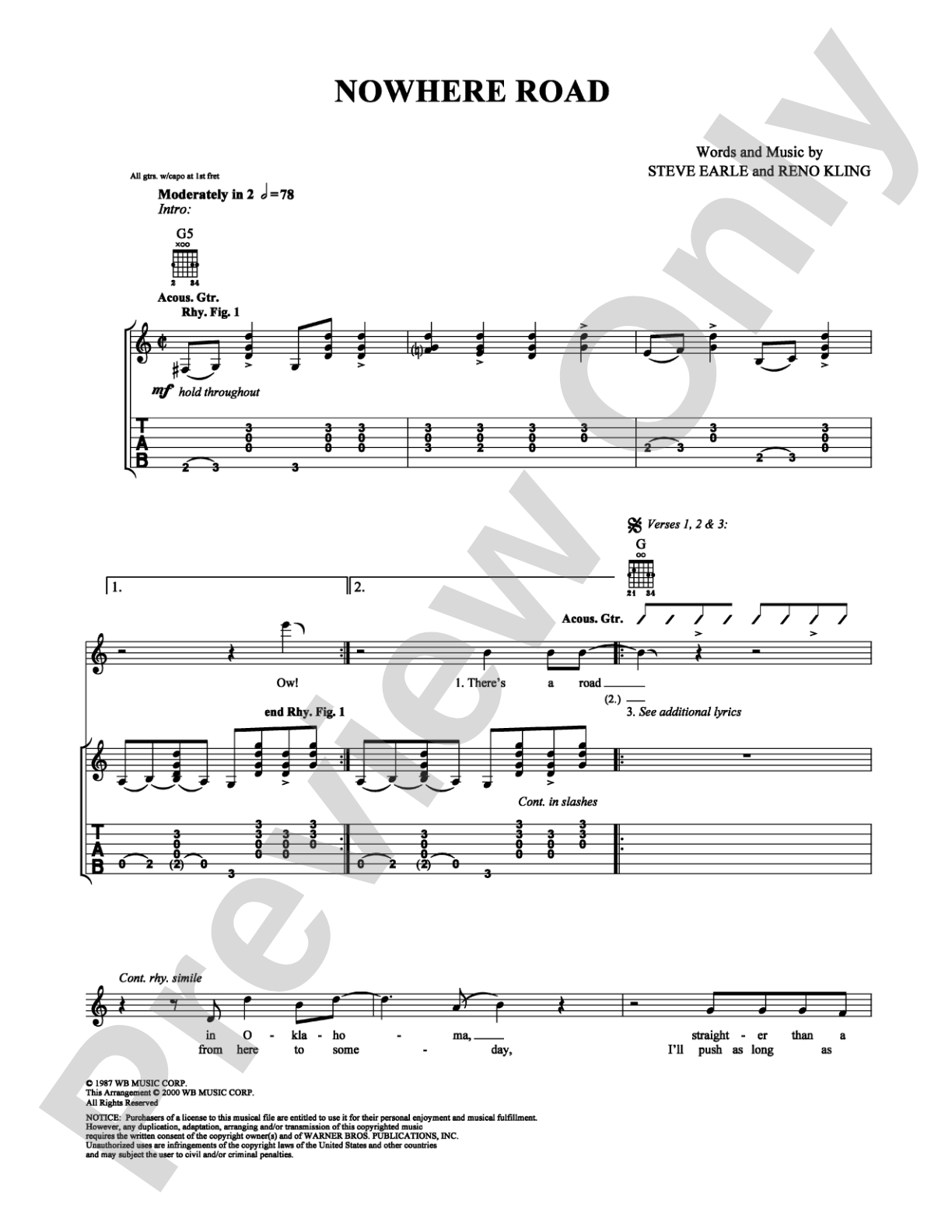 Nowhere Road: Guitar TAB Digital Sheet Music