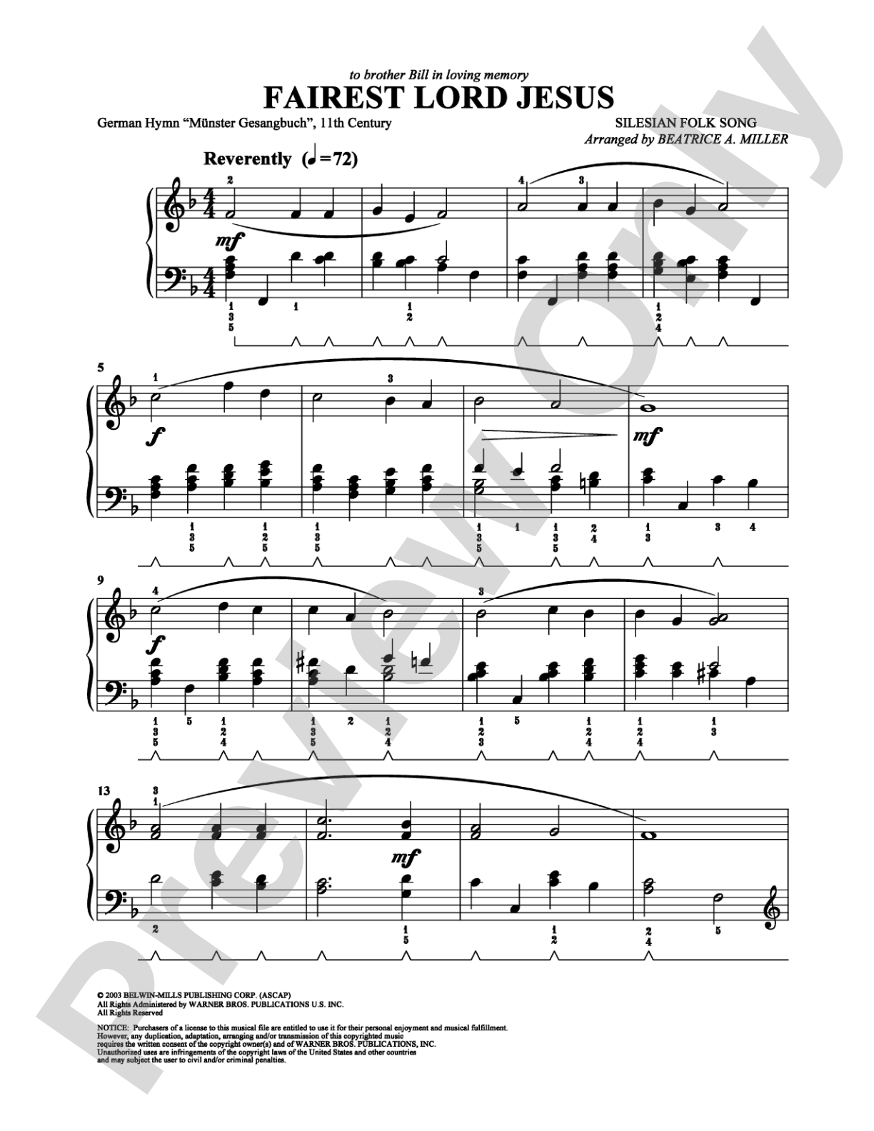 Fairest Lord Jesus: Easy Piano Digital Sheet Music