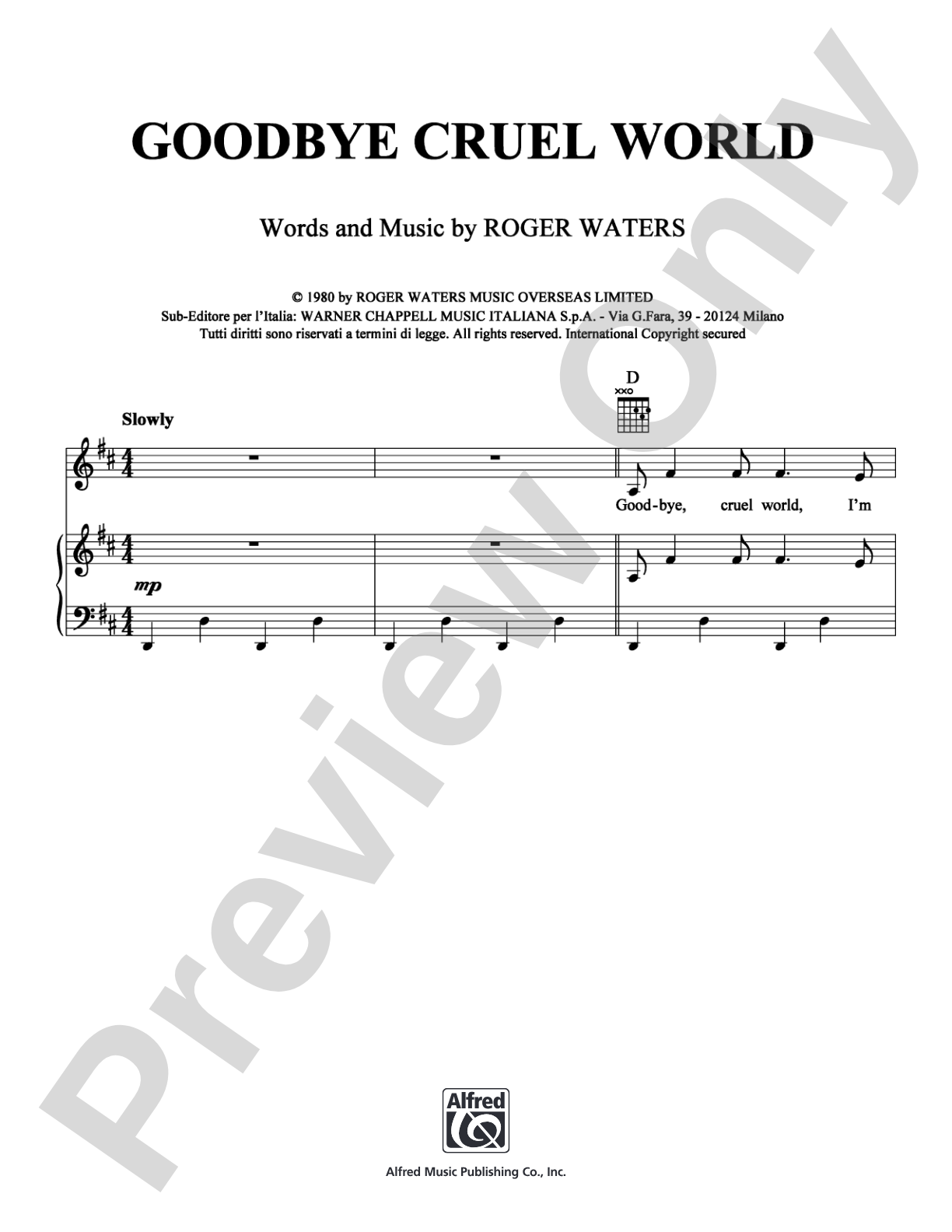 Goodbye Cruel World: Piano/Vocal/Chords Digital Sheet Music
