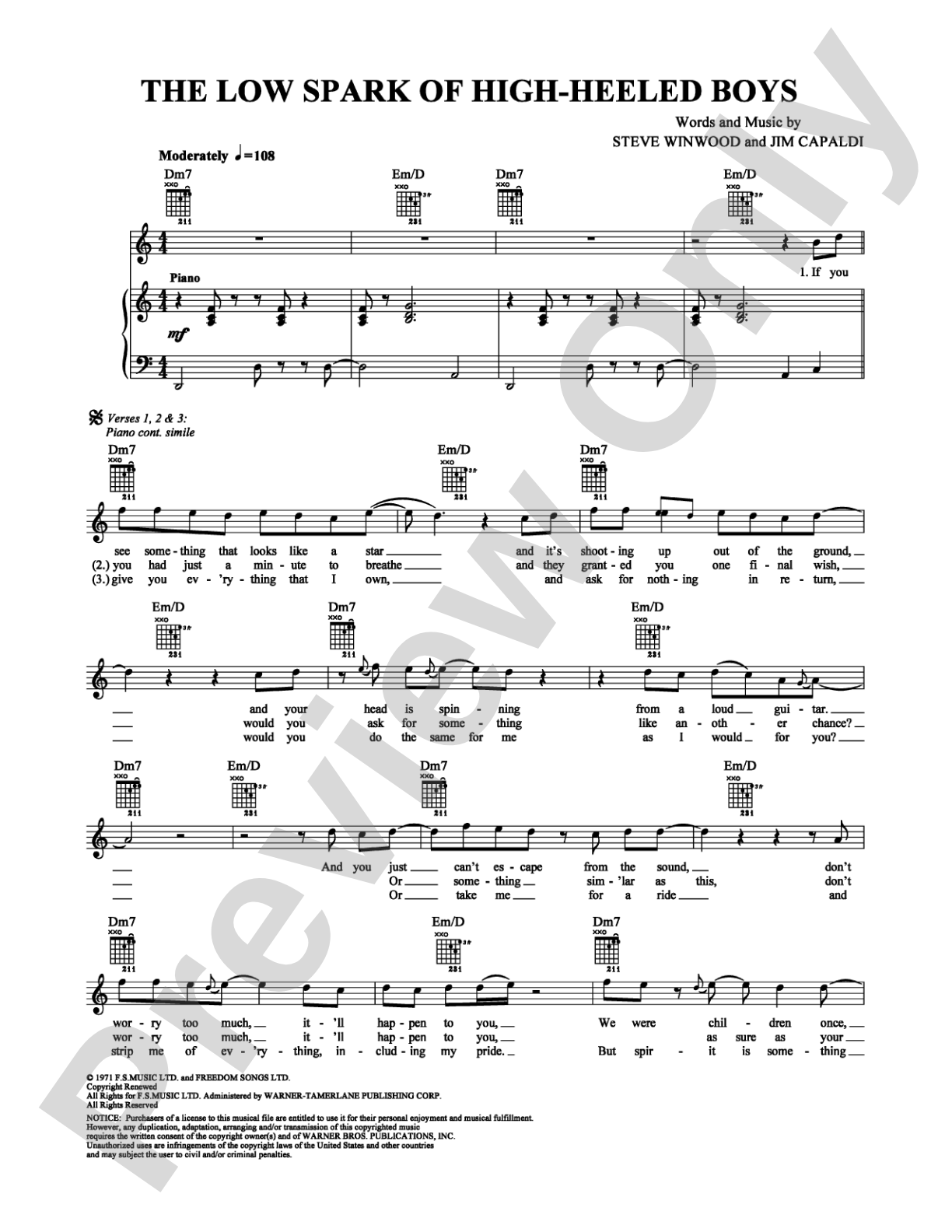 The Low Spark of High-Heeled Boys: Piano/Vocal/Chords Digital Sheet Music