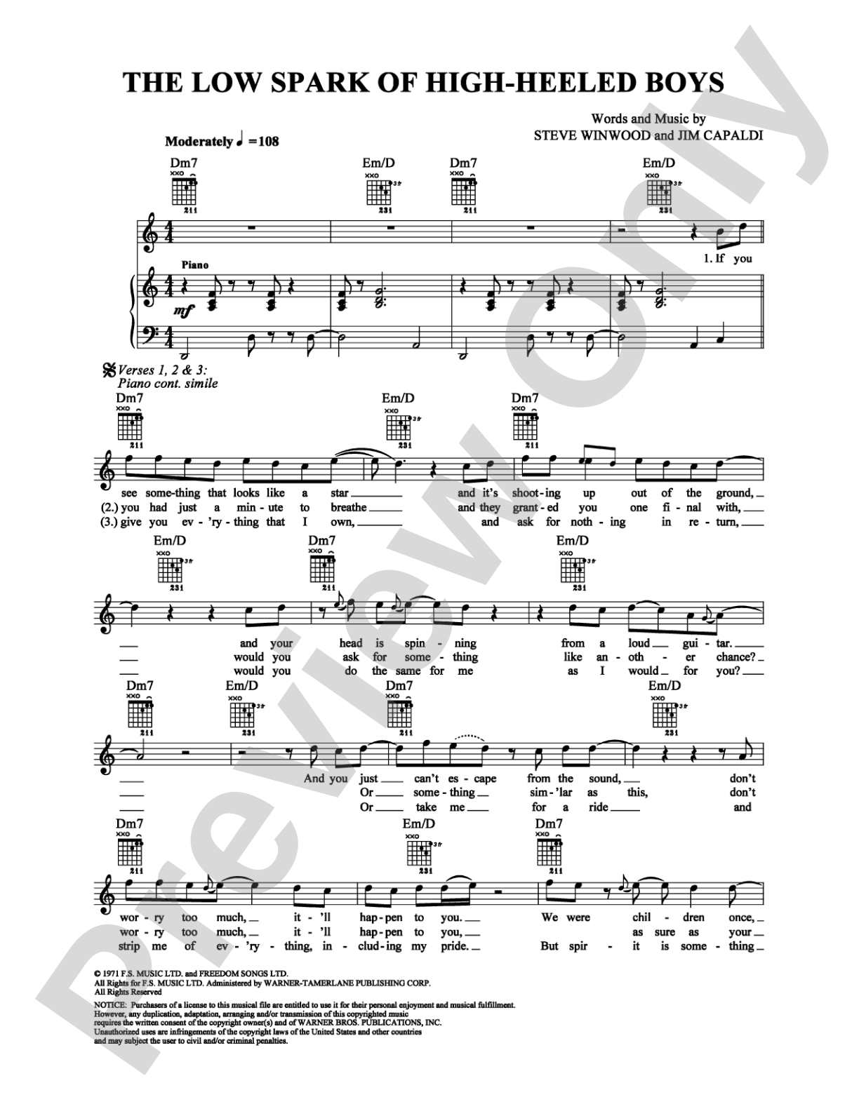 The Low Spark of High-Heeled Boys: Piano/Vocal/Chords Digital Sheet Music