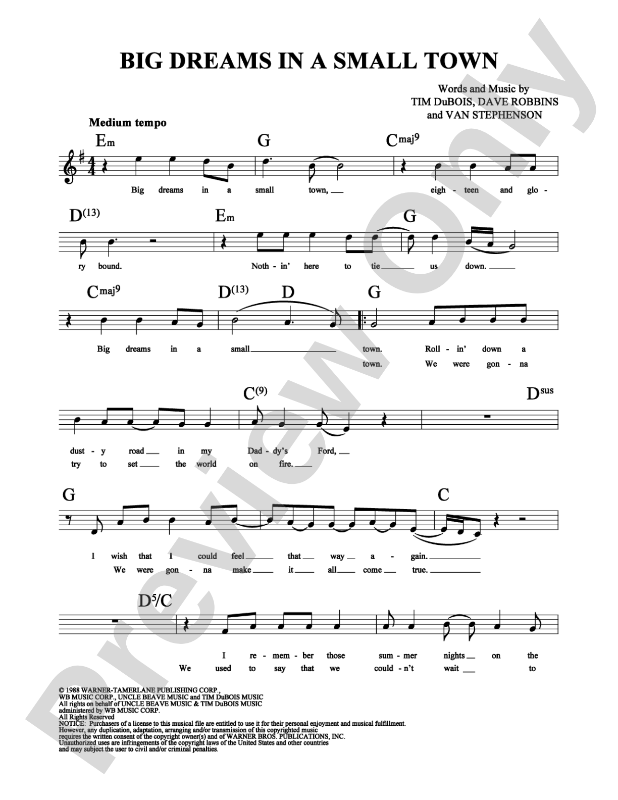 Big Dreams in a Small Town: Lead Sheet Digital Sheet Music