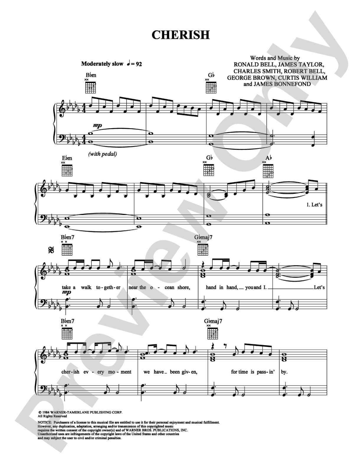 Cherish: Piano/Vocal/Chords Digital Sheet Music