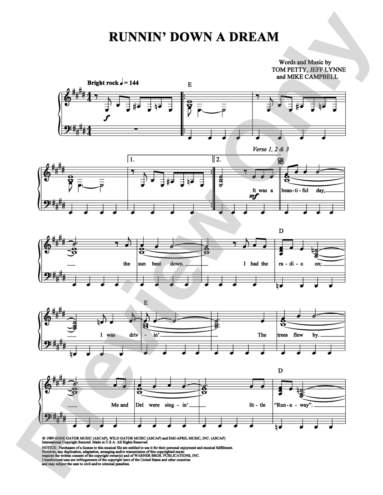 Runnin' Down a Dream: Piano/Vocal/Chords Digital Sheet Music