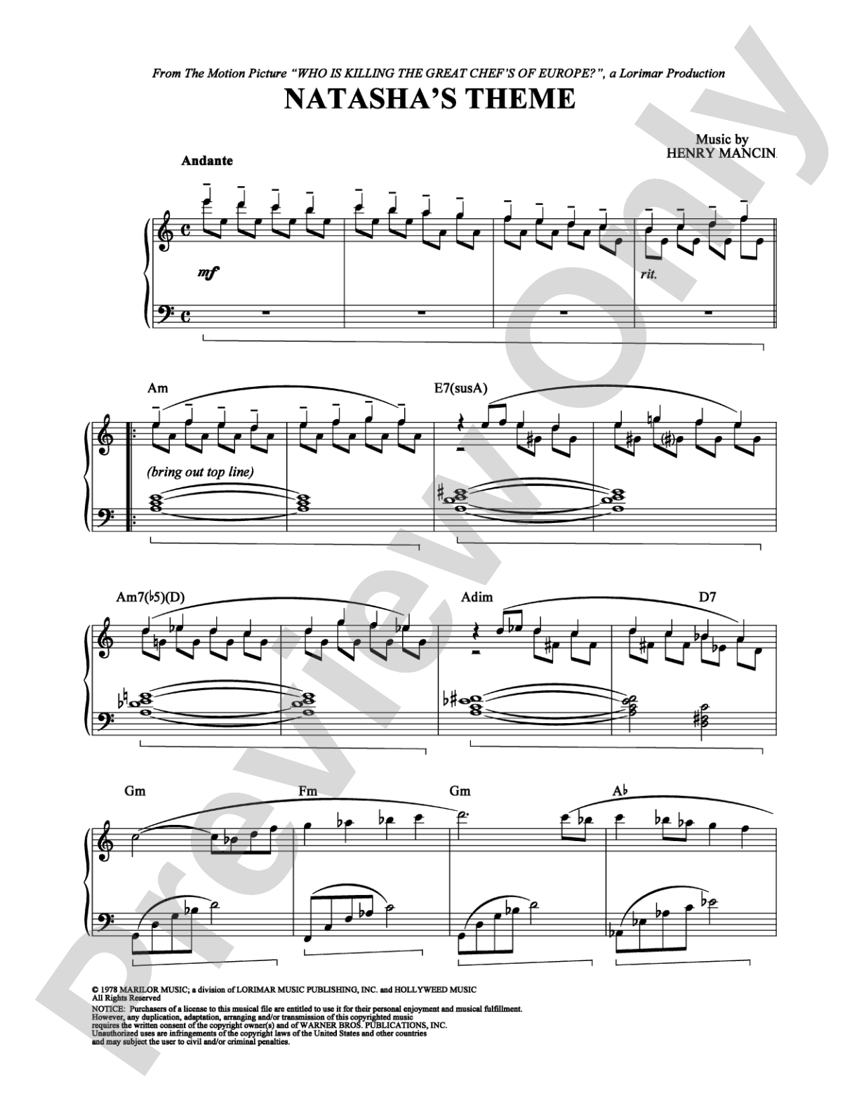 Natasha's Theme: Piano Digital Sheet Music