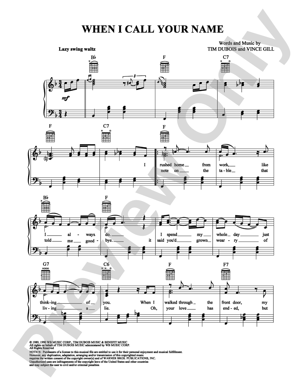 When I Call Your Name: Piano/Vocal/Chords Digital Sheet Music