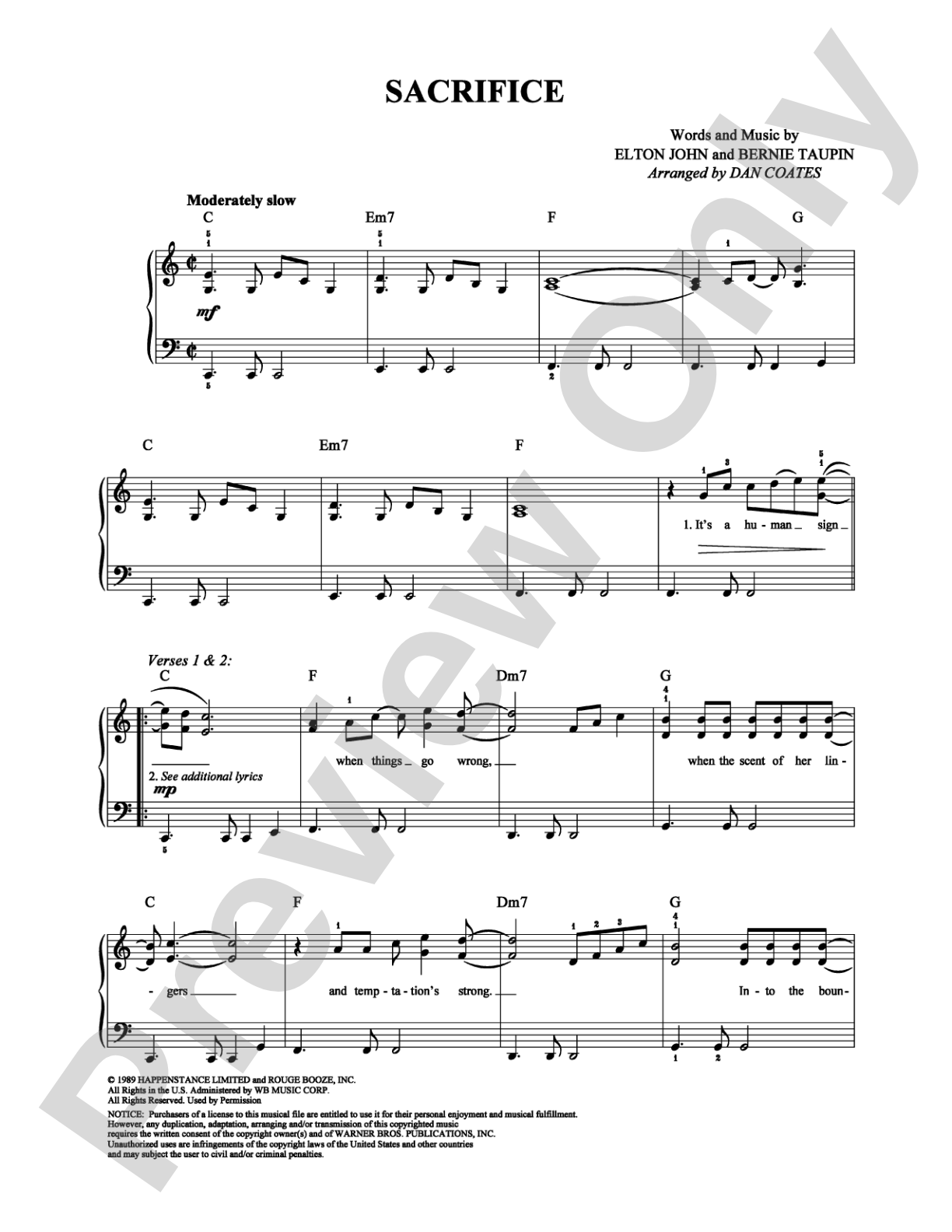Sacrifice: Easy Piano Digital Sheet Music