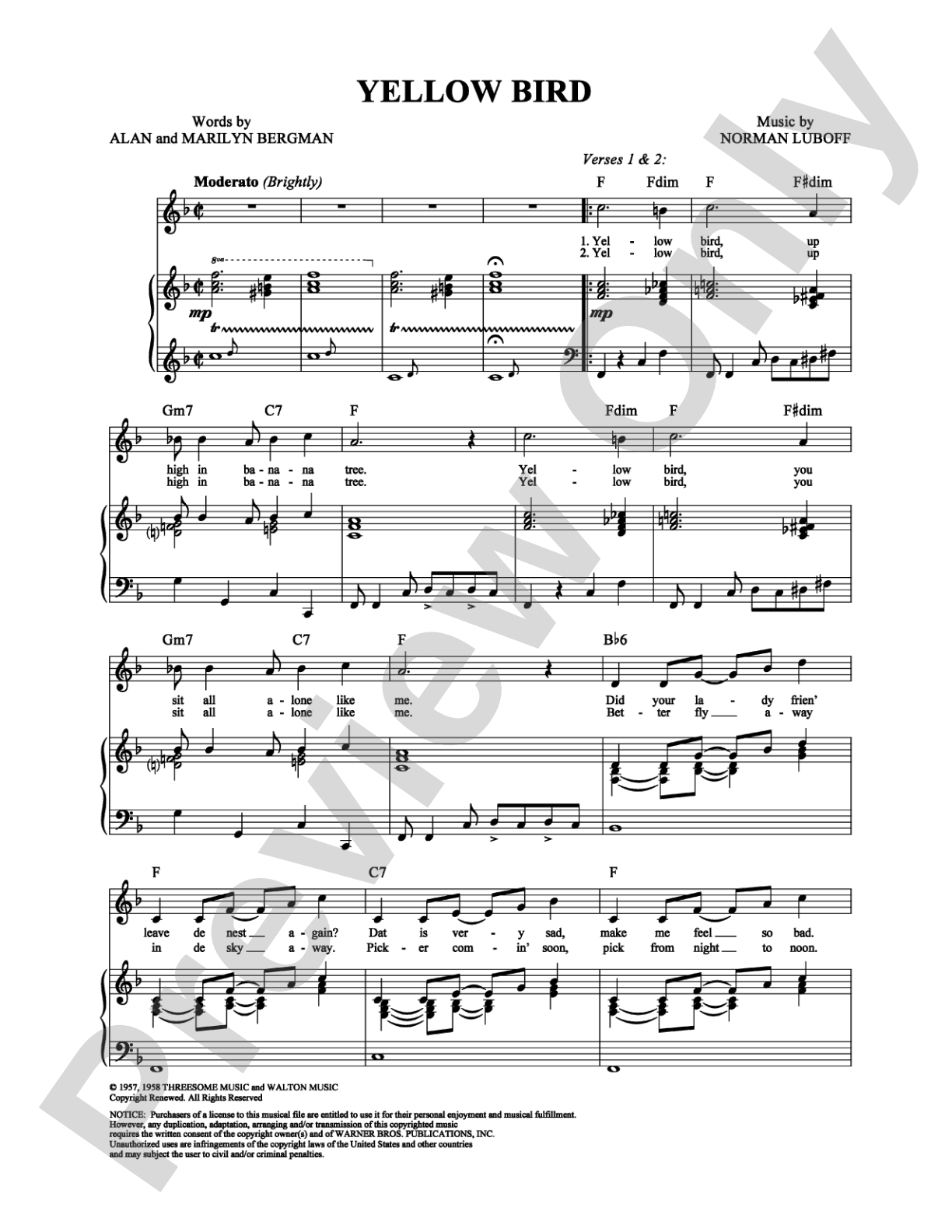 Yellow Bird: Piano/Vocal/Chords Digital Sheet Music