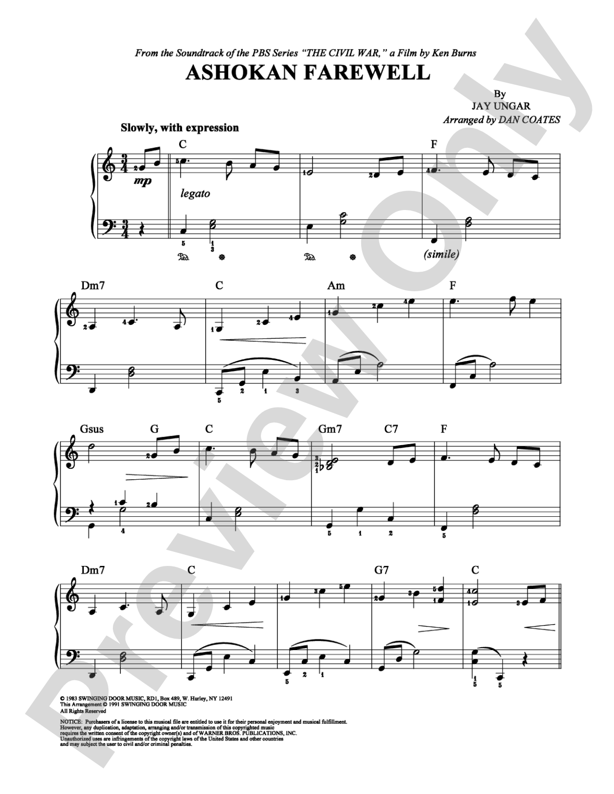 Ashokan Farewell: Easy Piano Digital Sheet Music