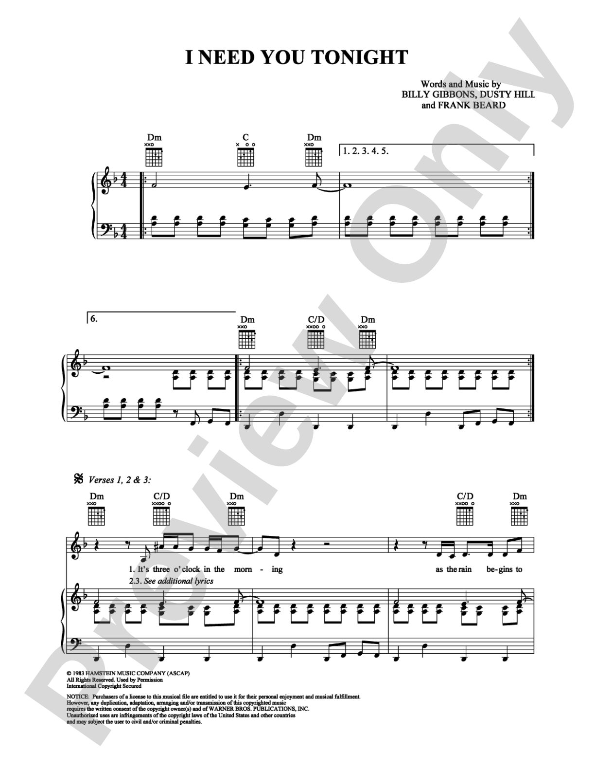I Need You Tonight: Piano/Vocal/Chords Digital Sheet Music