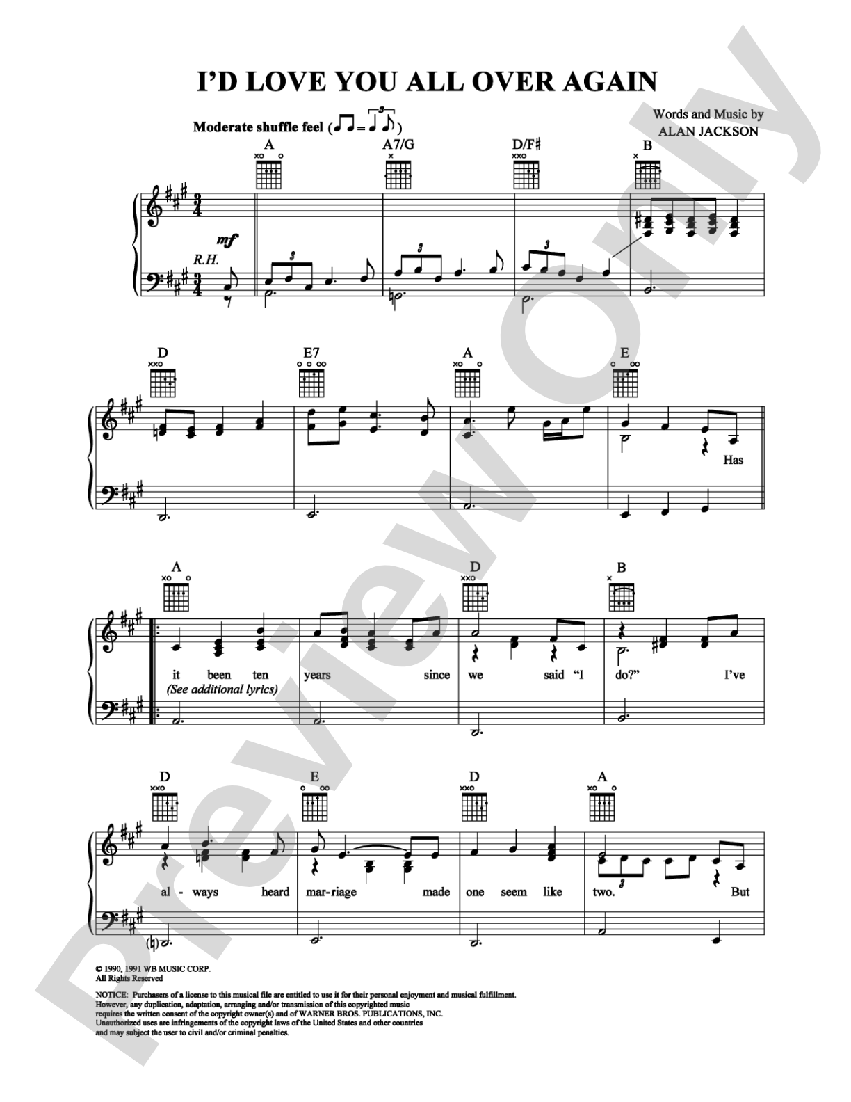 I'd Love You All Over Again: Piano/Vocal/Chords Digital Sheet Music