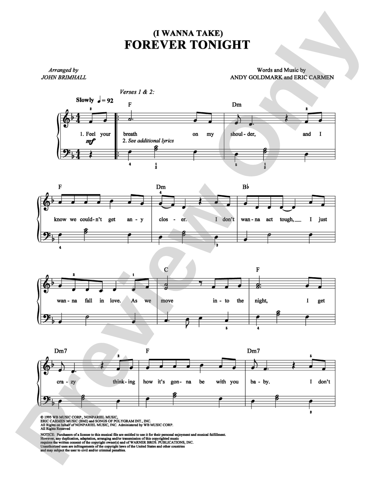 (I Wanna Take) Forever Tonight: Easy Piano Digital Sheet Music