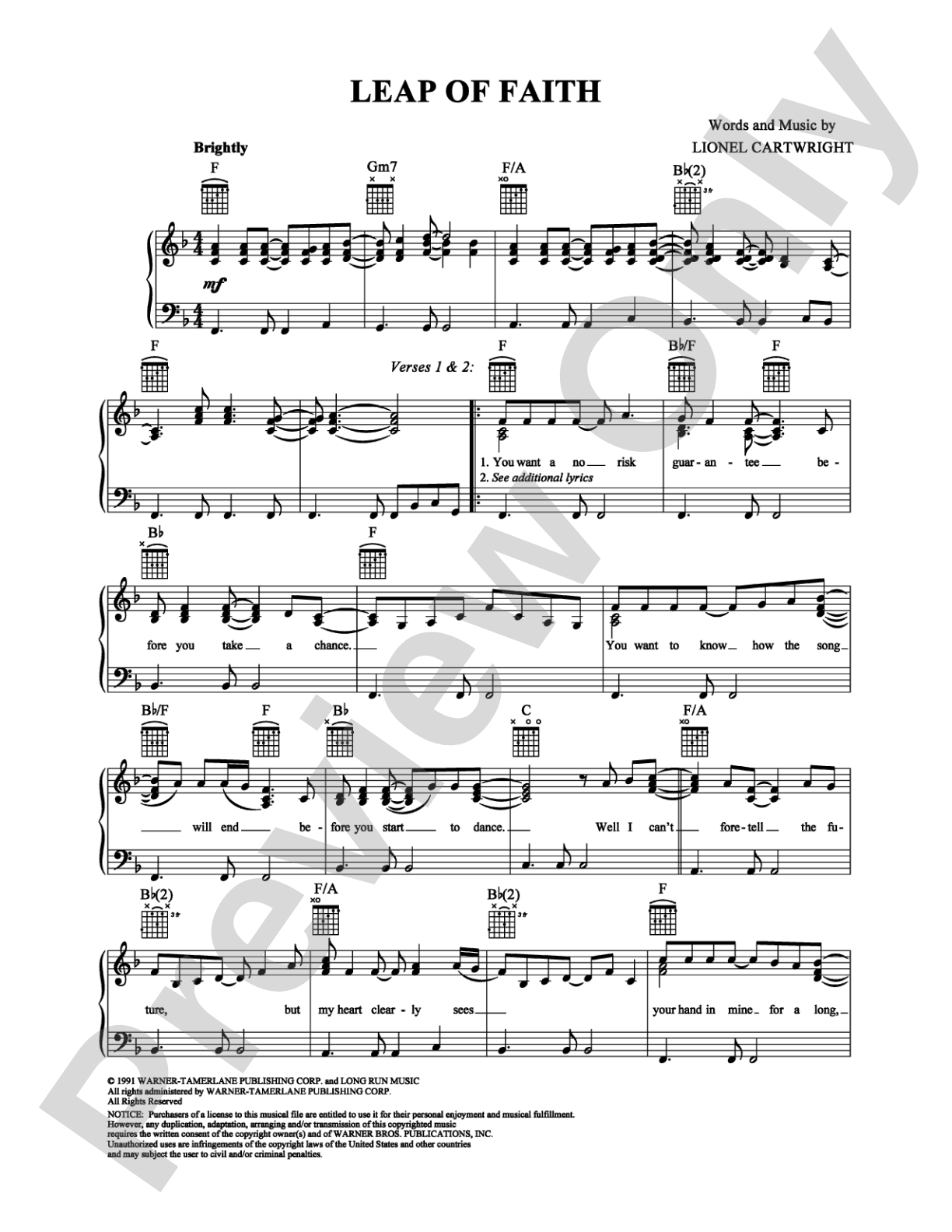 Leap of Faith: Piano/Vocal/Chords Digital Sheet Music