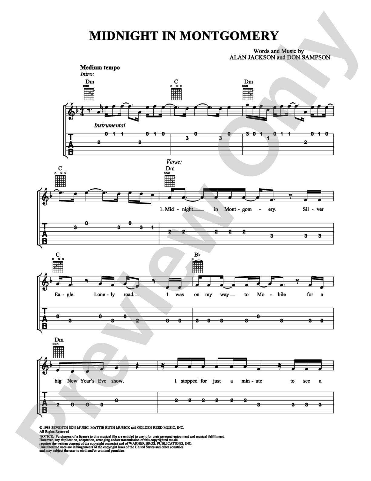Midnight in Montgomery: Easy Guitar Digital Sheet Music