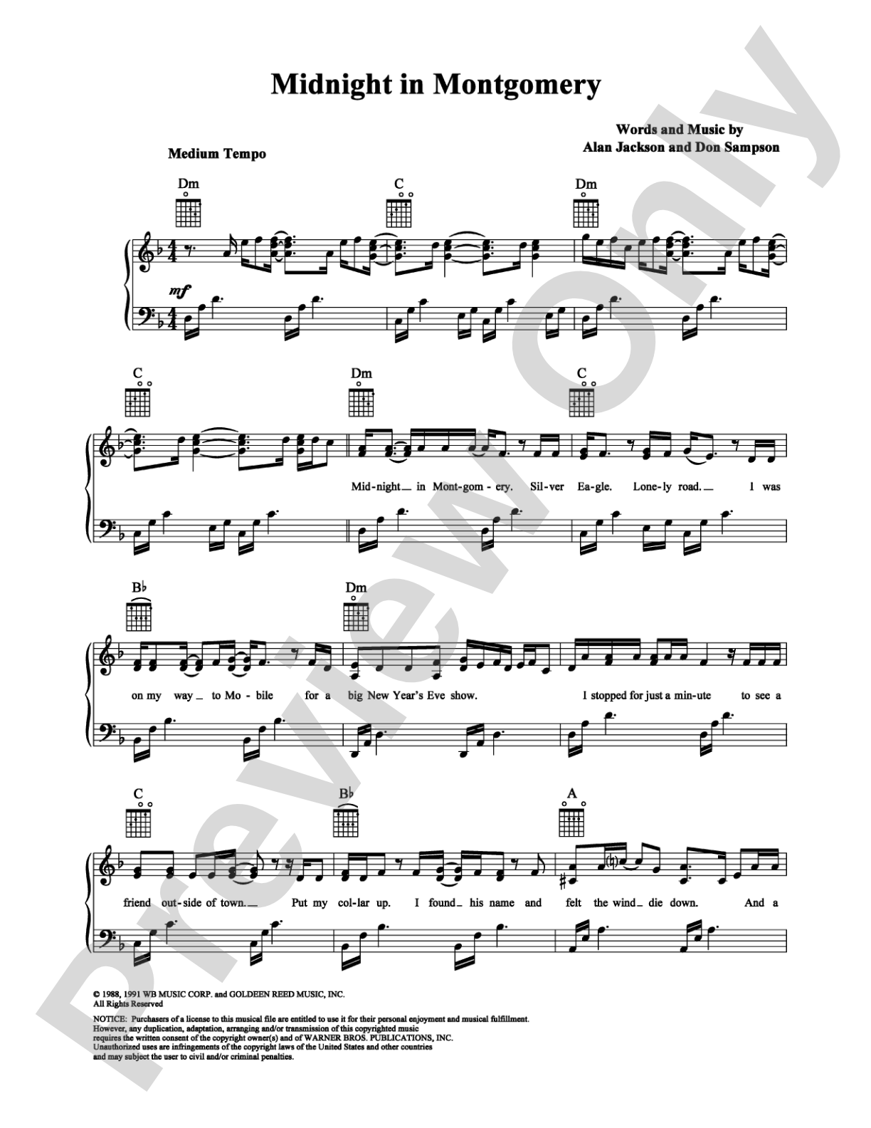 Midnight in Montgomery: Piano/Vocal/Chords Digital Sheet Music