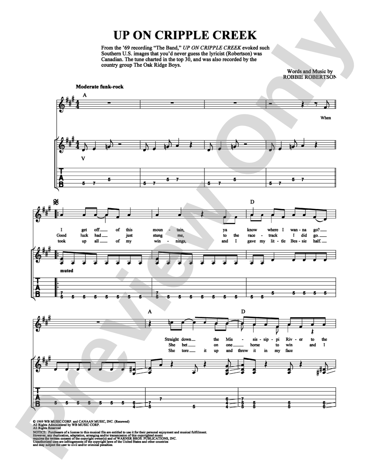 Up on Cripple Creek: Guitar TAB Digital Sheet Music