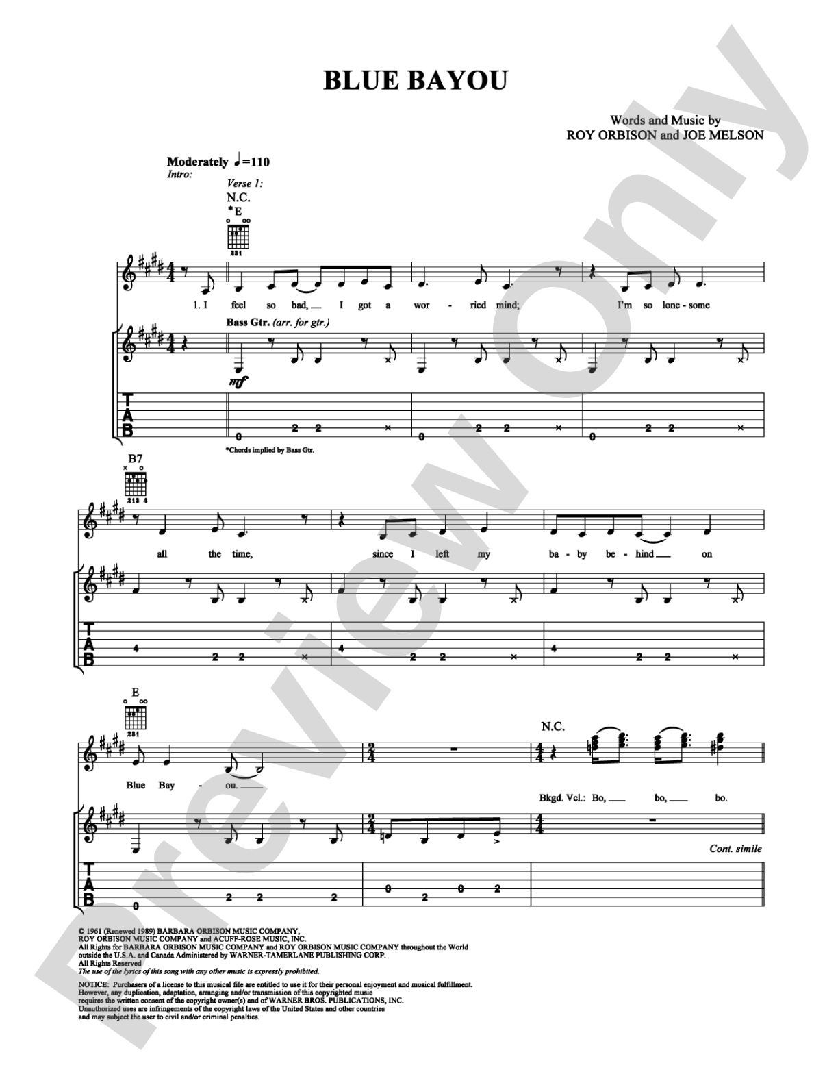 Blue Bayou: Easy Guitar Digital Sheet Music