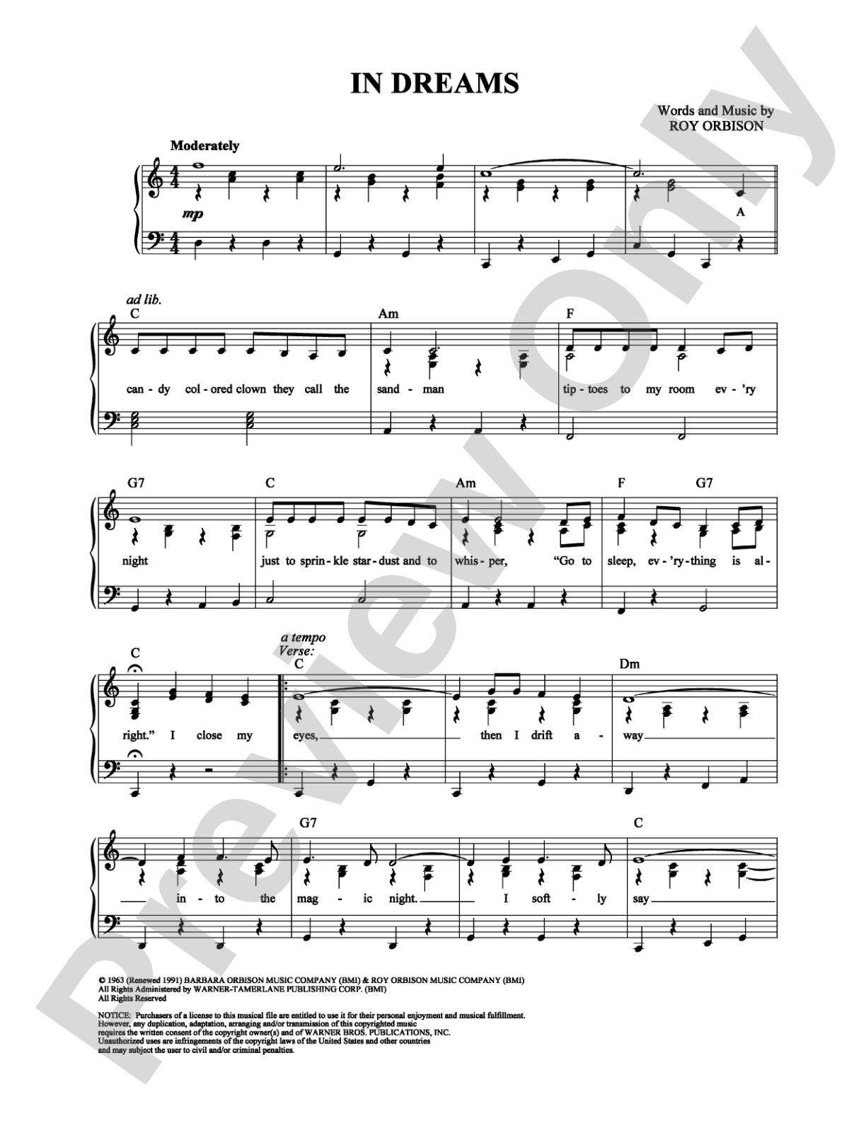 In Dreams: Piano/Vocal/Chords Digital Sheet Music