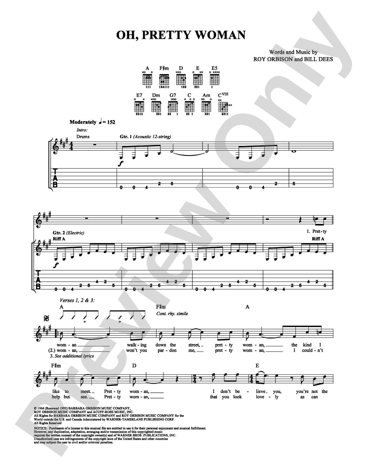 Oh, Pretty Woman: Easy Guitar Digital Sheet Music