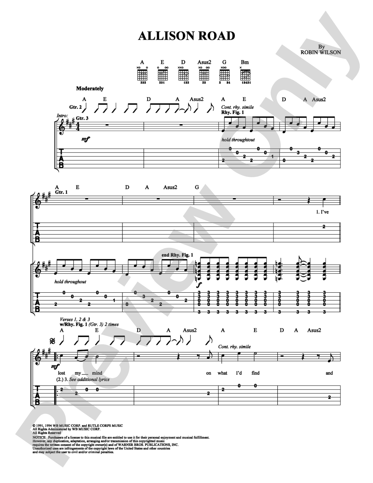 Allison Road: Easy Guitar Digital Sheet Music