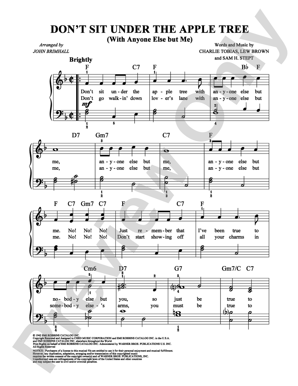 Don't Sit Under The Apple Tree (With Anyone Else But Me): Easy Piano Digital Sheet Music