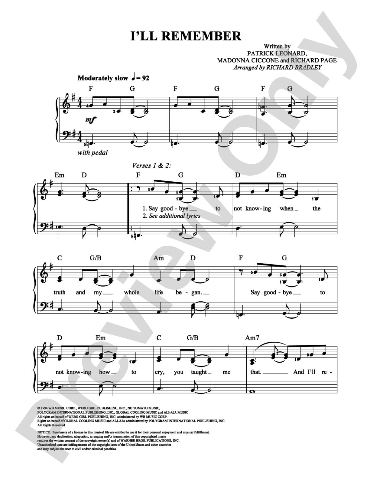 I'll Remember: Easy Piano Digital Sheet Music
