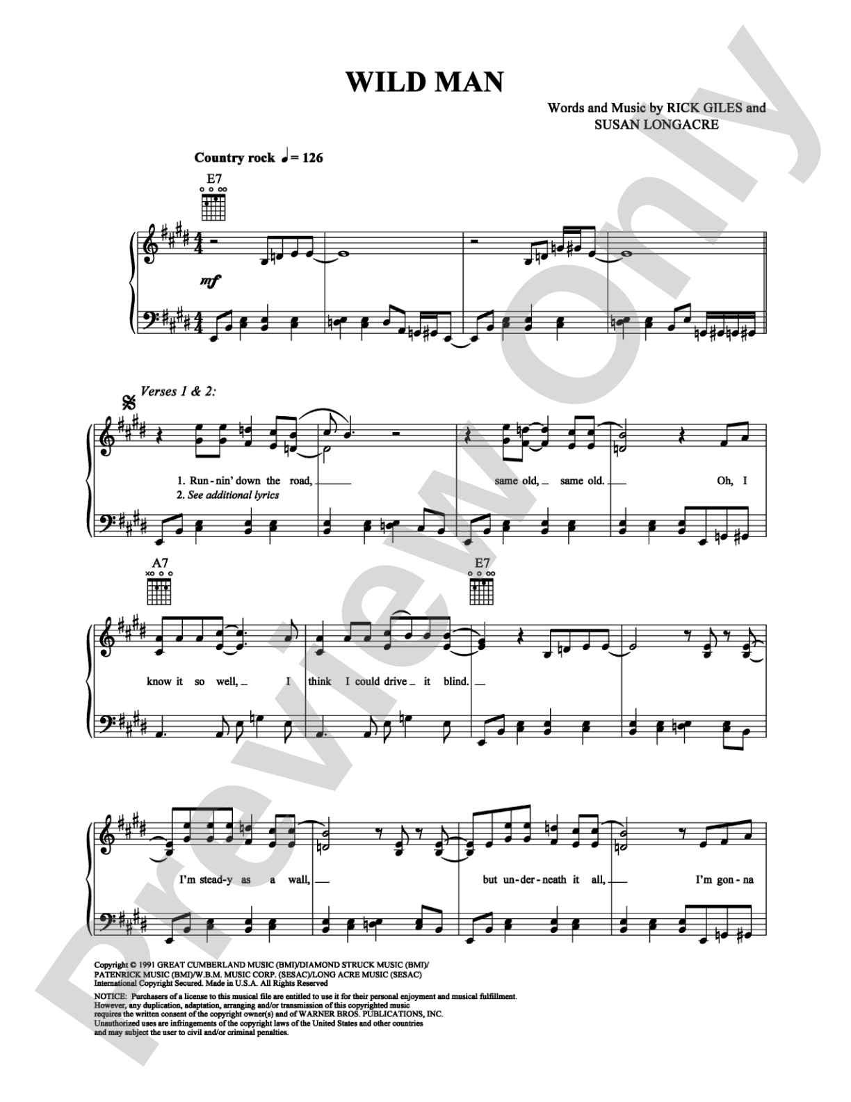 Wild Man: Piano/Vocal/Chords Digital Sheet Music
