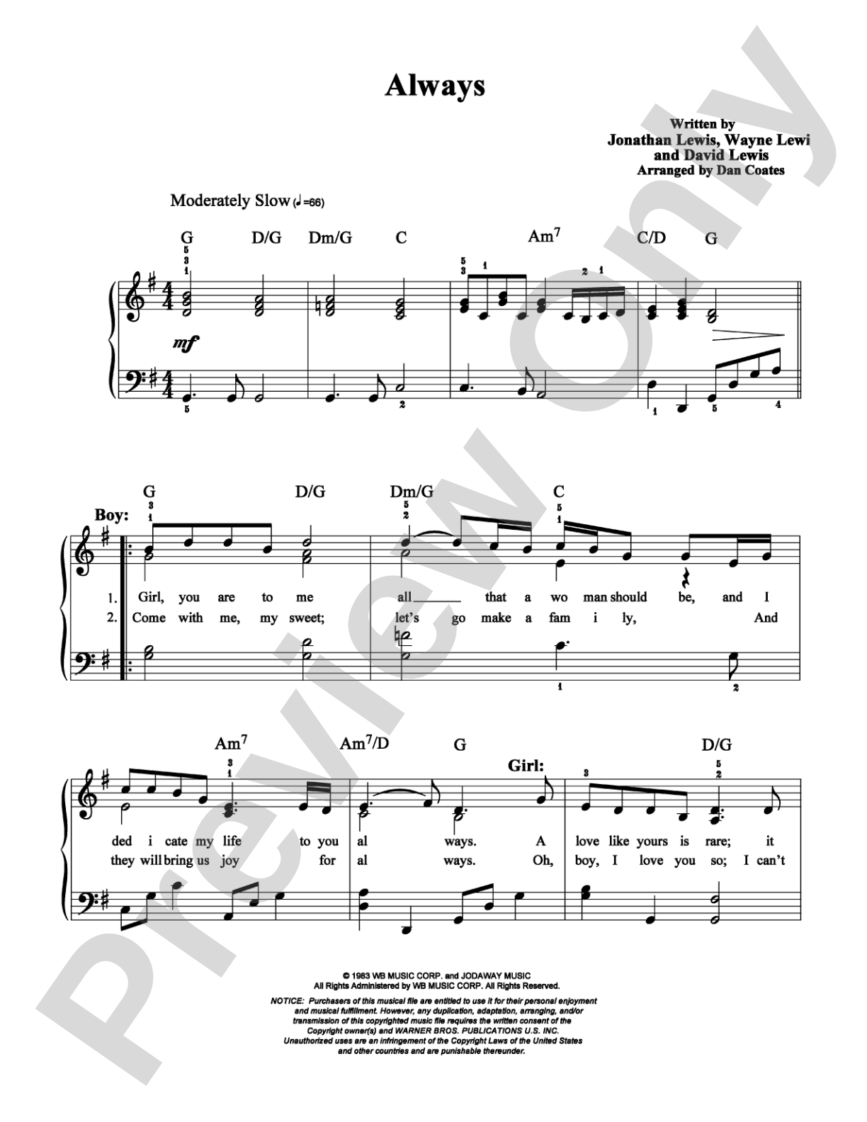 Always: Easy Piano Digital Sheet Music