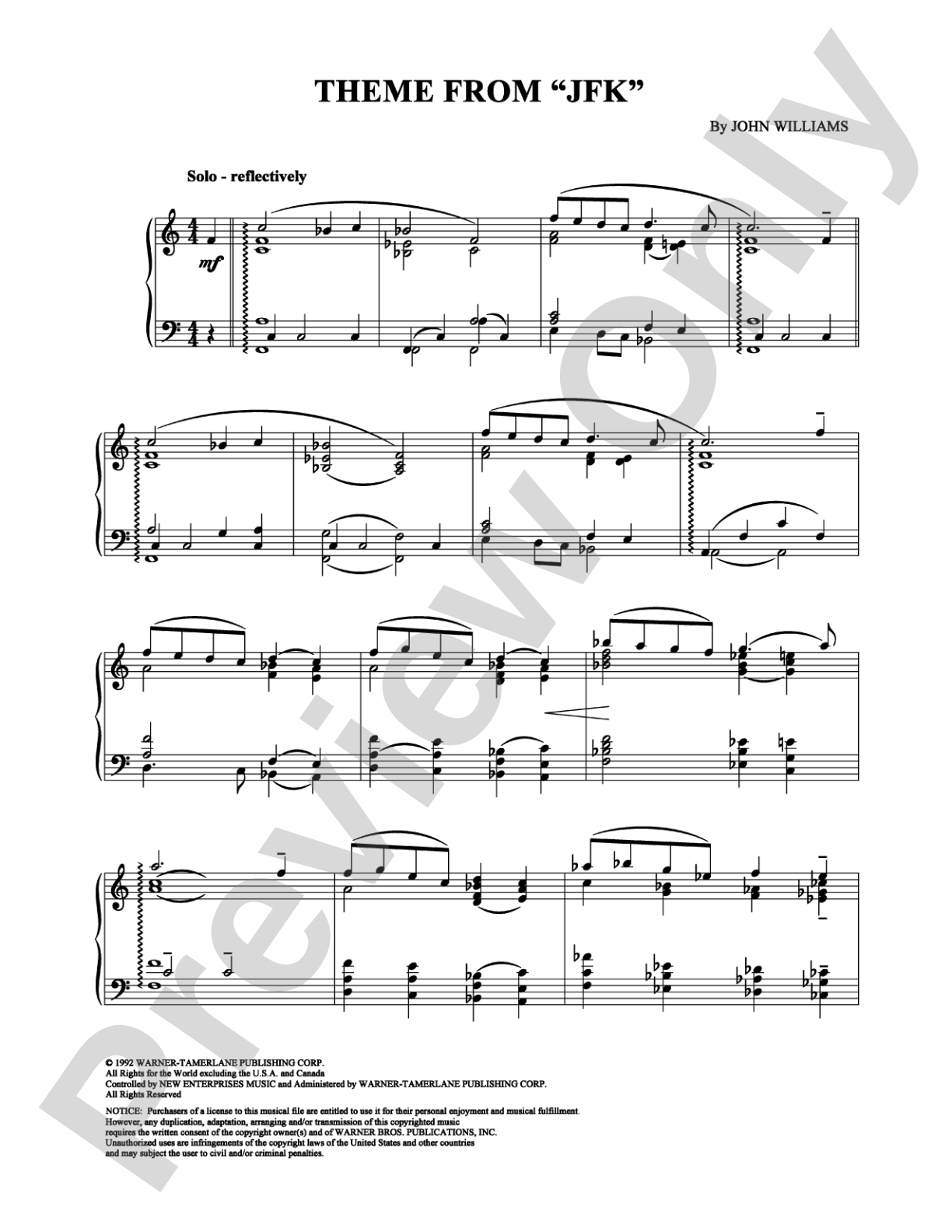Theme from "JFK": Piano Digital Sheet Music